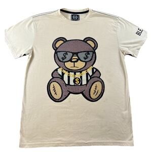 CR24 Chrome Edge Bear Graphic Tee L Beige Rhinestone Bling Streetwear